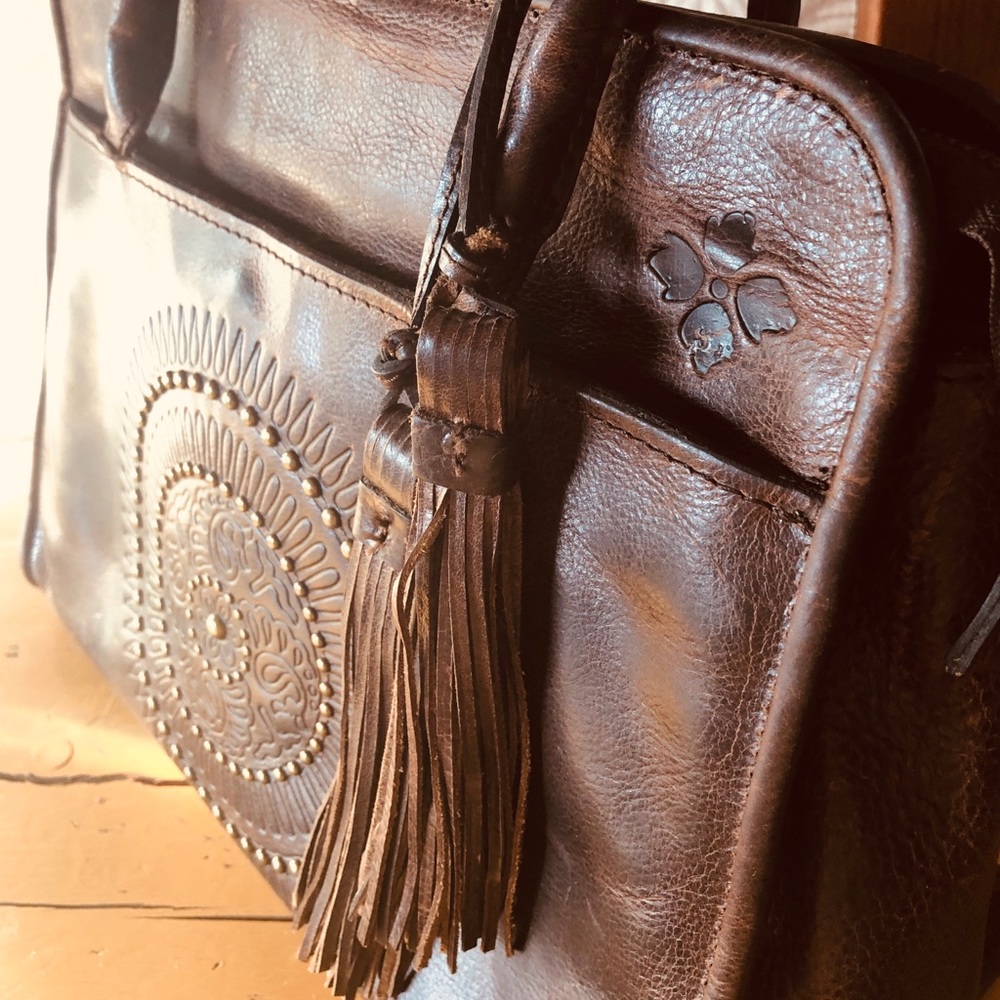 Patricia Nash Brown Leather Handbag Tooled & Studded Design